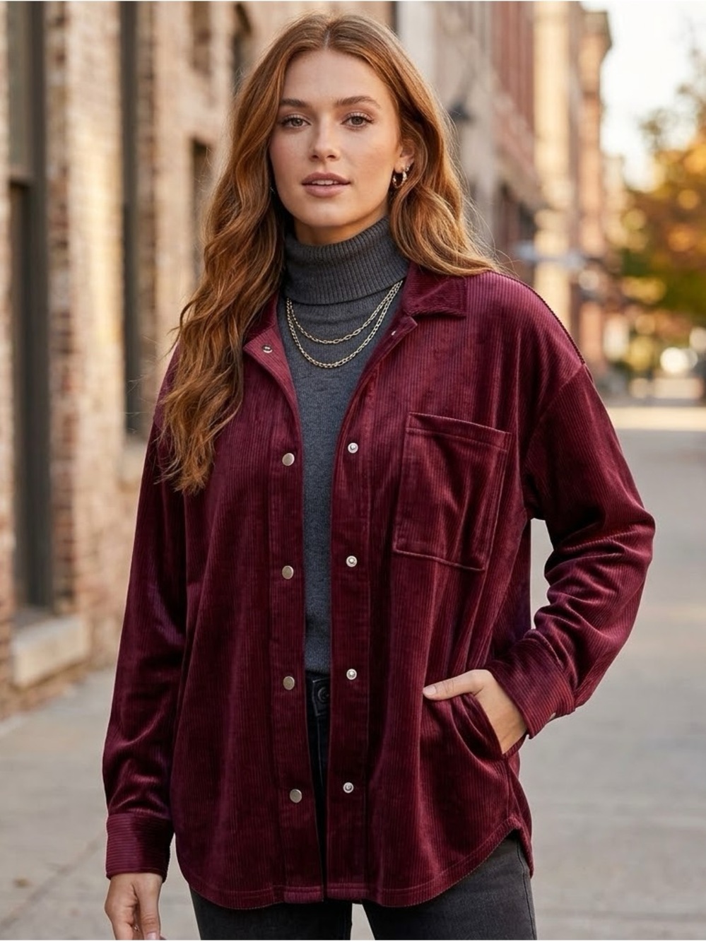 Fred David Burgundy Corduroy Button-Front Shacket